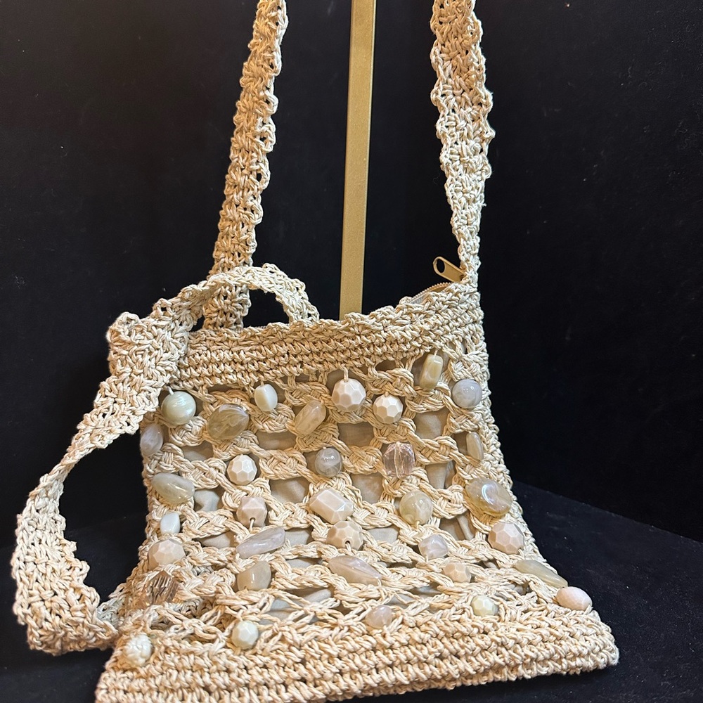 Capelli of New York Beige Crochet Crossbody Bag Beach Ready